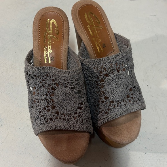 Sbicca Carolena Gray Crochet Wood Wedge Platform Sandals 9 - Picture 10 of 14